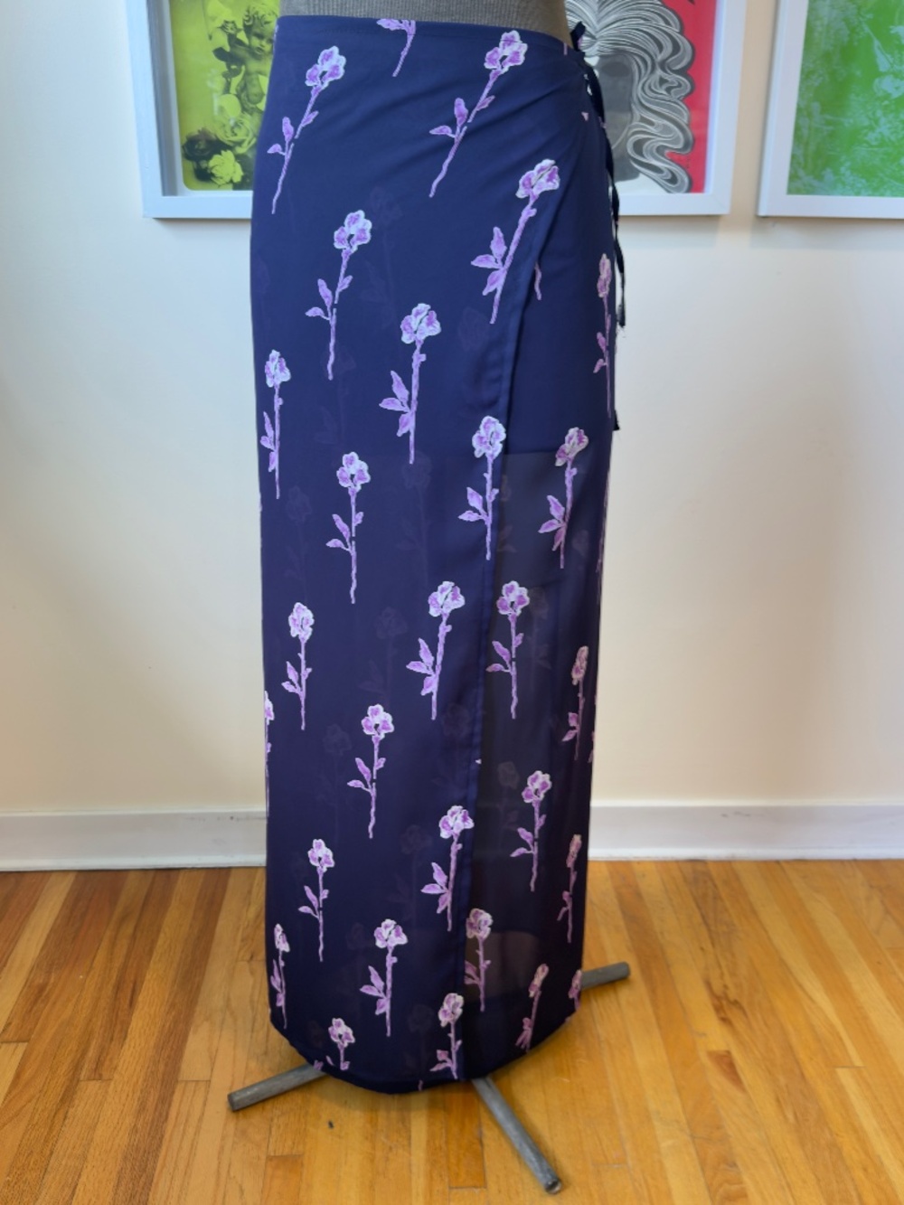 Vintage 90s Sheer Floral Wrap Maxi Skirt | Navy Purple Sarong Coquette Boho